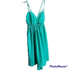 Double Zero Women's Asymmetrical Hem Aqua Floral Pattern Dress Adjustable Straps